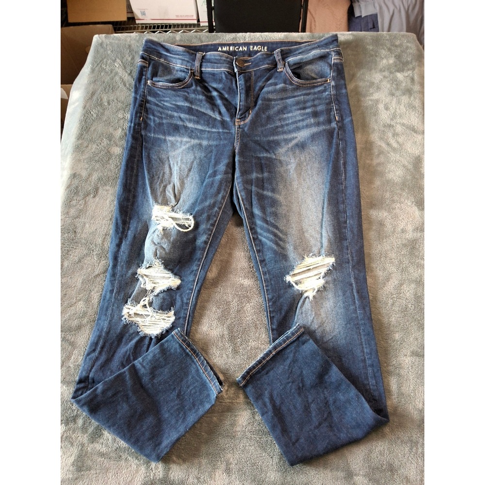 American Eagle Super Stretch Jeggings Dark Wash Distressed Skinny Jeans Women 16
